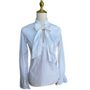 Tory Burch White Bow Tie Neck Blouse Cotton Stretch Bell Sleeve Top Size 6
